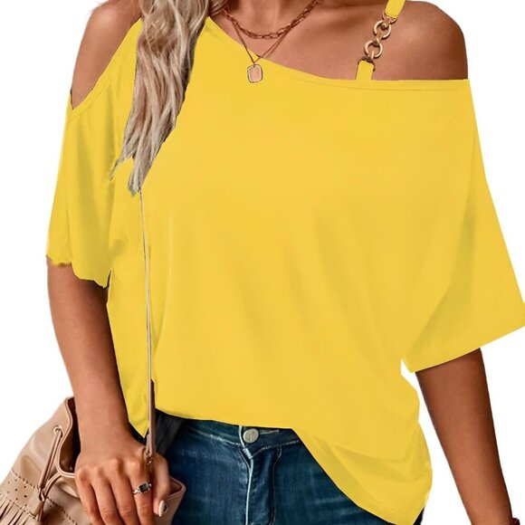 Women's Summer Black Cold Shoulder Top in Yellow, Size XXL - Picture 1 of 2